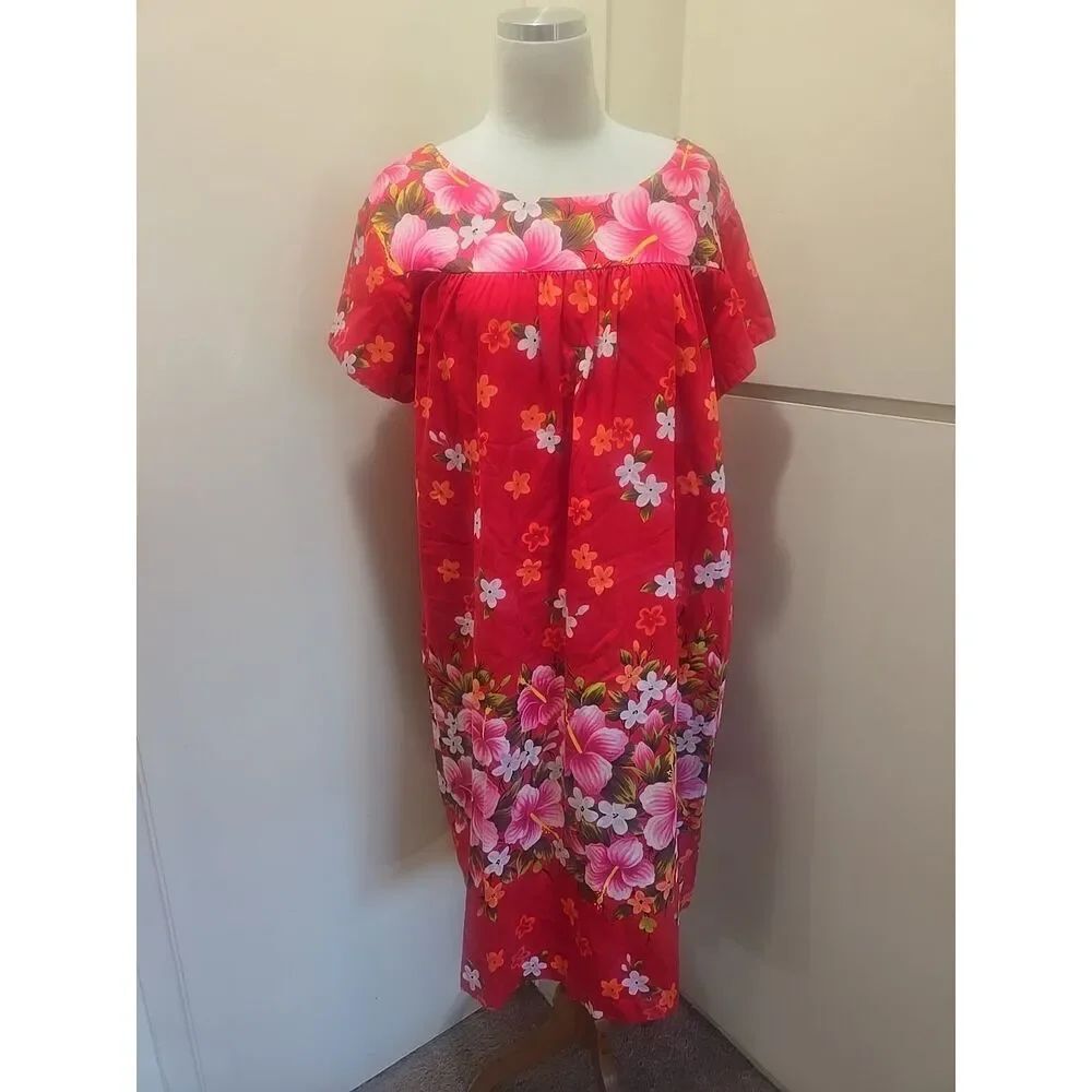 Vtg Ui Maikai Hawaiian Maxi Dress Hibiscus Mu Mu Pink Red Orange, 1X